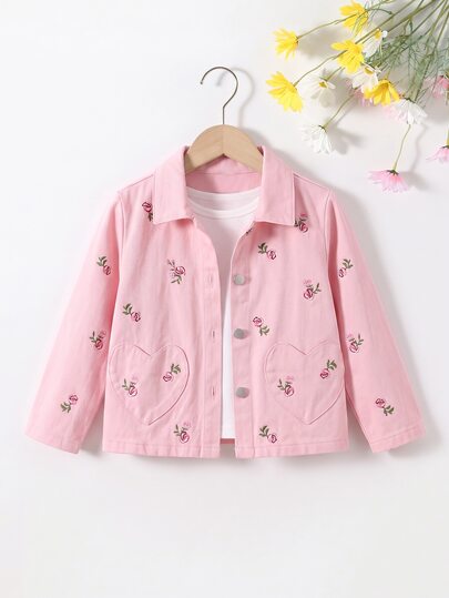 SHEIN Girls' Denim Jacket And Coat, Spring/Autumn New Arrival, Pastoral Playful Casual Style, Pink, Classic Denim Collar With Colorful Floral Embroidery, Heart-Shaped Pockets On Both Sides, Fitted Loose Fit, Soft Skin-Friendly Fabric, Versatile Fashionable Style For Daily Wear, Suitable For School, Outings And Multiple Occasions, Spring/Autumn New Arrival Girls' Denim Jacket And Coat
