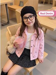 SHEIN 女童牛仔夾克外套 春/秋新款 田園俏皮休閒風 粉色 經典牛仔領搭配彩色花卉刺繡 兩側心形口袋 修身寬鬆版型 親膚柔軟面料 百搭時尚 日常穿著適用於上學、出遊等多種場合 - 粉色 - 查看 3