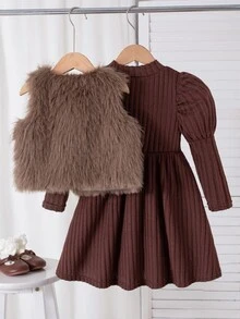 SHEIN Elladie kids 2件組女童幼兒秋冬新款返校穿搭 橘棕色復古柔軟中厚長毛絨針織皮革蝴蝶結 感恩節生日裝 - 咖啡棕 - 查看 2