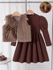 SHEIN Elladie kids 2件組女童幼兒秋冬新款返校穿搭 橘棕色復古柔軟中厚長毛絨針織皮革蝴蝶結 感恩節生日裝 - 咖啡棕 - 查看 1