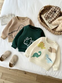 SHEIN 3件組男嬰衛衣套裝 可愛甜美 綠色米色卡其色恐龍印花 長袖圓領 加厚 假日派對 秋季 萬聖節聖誕節 羅紋袖口 - 綠色 - 查看 10