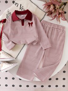 SHEIN Elladie kids 2件組女童條紋領長袖針織上衣與長褲套裝，時尚兒童休閒服，適合初秋穿著 - 酒紅色 - 查看 8