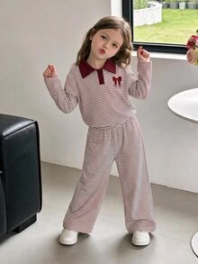 SHEIN Elladie kids 2件組女童條紋領長袖針織上衣與長褲套裝，時尚兒童休閒服，適合初秋穿著 - 酒紅色 - 查看 1