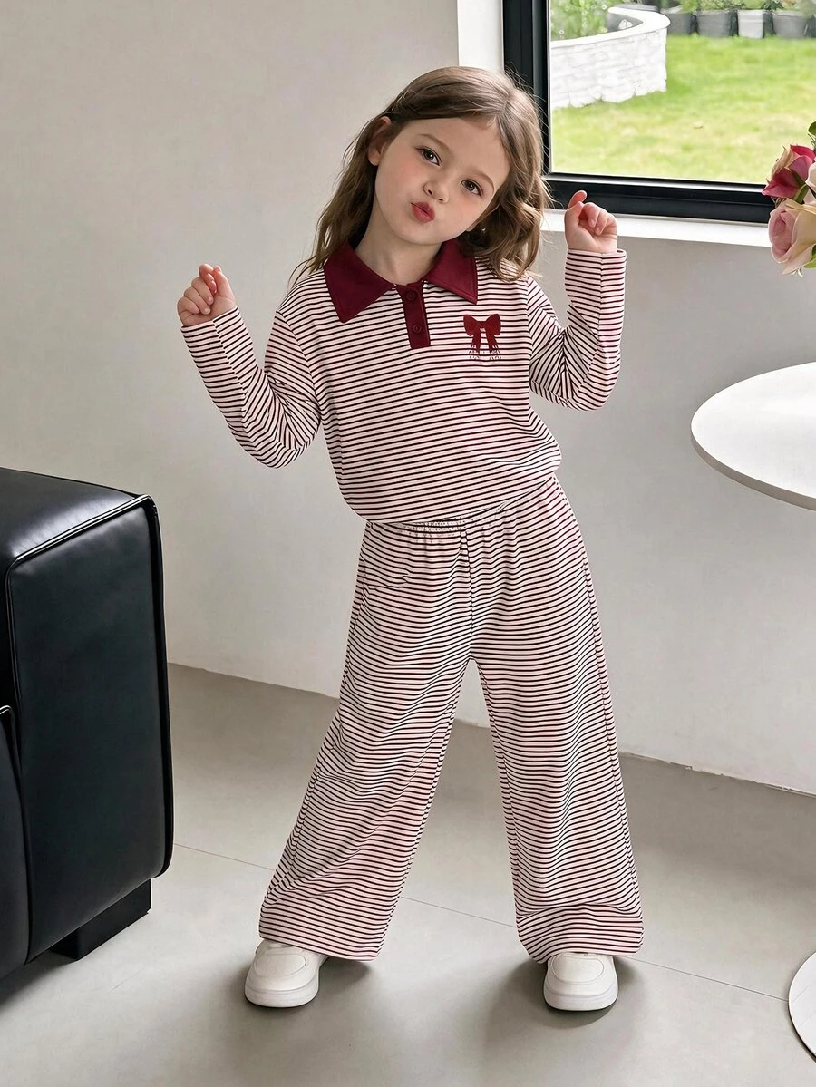 SHEIN Elladie kids 2件組女童條紋領長袖針織上衣與長褲套裝,時尚兒童休閒服,適合初秋穿著 - 酒紅色 - 查看 1