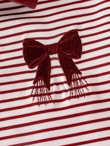 SHEIN Elladie kids 2件組女童條紋領長袖針織上衣與長褲套裝，時尚兒童休閒服，適合初秋穿著 - 酒紅色 - 查看 7