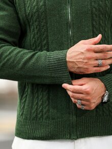Marcello Vane Men's Autumn/Winter Commute Daily 3D Cable Knit Cardigan,Ins Style, Street Mature, Loose Fit Sweater Green Autumn, Formal, Old Money - Dark Green - View 8