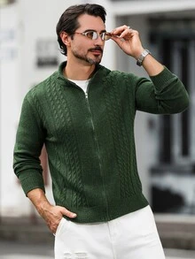 Marcello Vane Men's Autumn/Winter Commute Daily 3D Cable Knit Cardigan,Ins Style, Street Mature, Loose Fit Sweater Green Autumn, Formal, Old Money - Dark Green - View 1