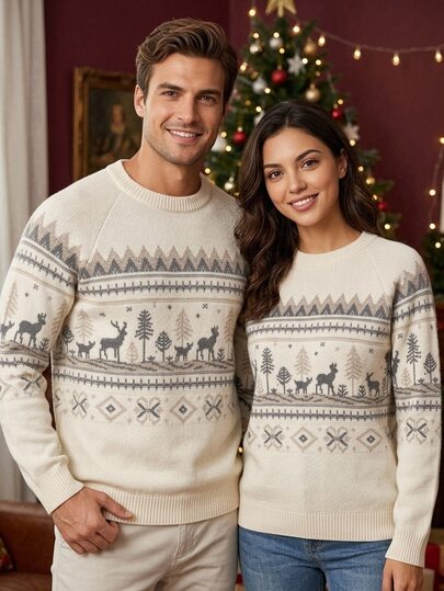 Manfinity Homme Men's Crew Neck Long Sleeve Pullover Sweater, Fair Isle Knit Autumn/Winter Clothing, Beige Loose Fit Fashionable Versatile Christmas Reindeer Jacquard Raglan Sleeve Pullover Sweater