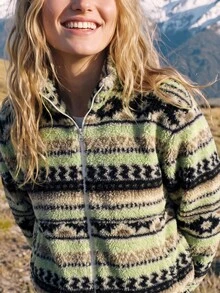 WanderVale Women's New Outdoor Double-Sided Fleece Pattern Zipper Front Pocket Contrast Zipper Design Long Sleeve Fleece Jacket, Suitable For Outdoor Sports - Apricot - View 3