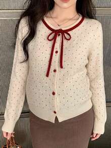 DAZY Contrast Color Polka Dot Red Bow Loose Long Sleeve Open Front Casual Vacation Daily Korean Style Autumn Winter Knit Sweater Maternity Cardigan - Beige - View 3