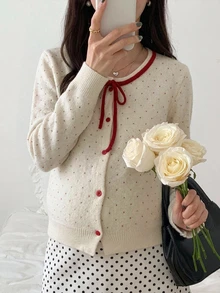DAZY Contrast Color Polka Dot Red Bow Loose Long Sleeve Open Front Casual Vacation Daily Korean Style Autumn Winter Knit Sweater Maternity Cardigan - Beige - View 5