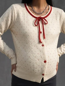 DAZY Contrast Color Polka Dot Red Bow Loose Long Sleeve Open Front Casual Vacation Daily Korean Style Autumn Winter Knit Sweater Maternity Cardigan - Beige - View 2