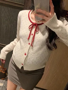 DAZY Contrast Color Polka Dot Red Bow Loose Long Sleeve Open Front Casual Vacation Daily Korean Style Autumn Winter Knit Sweater Maternity Cardigan - Beige - View 6
