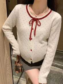 DAZY Contrast Color Polka Dot Red Bow Loose Long Sleeve Open Front Casual Vacation Daily Korean Style Autumn Winter Knit Sweater Maternity Cardigan - Beige - View 4