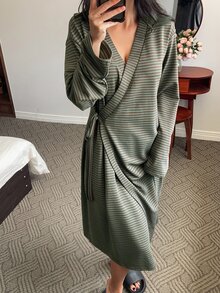 DAZY Women's Striped Drop Shoulder Long Sleeve Side Waist Knot Casual Sleepwear - Yellow - View 3