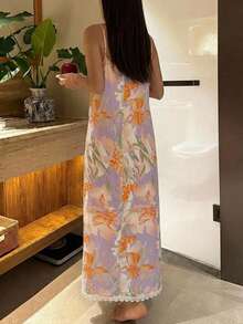 DAZY 花卉印花高開衩細肩帶長洋裝 夏季女款睡裙 - 珊瑚橙 - 查看 2