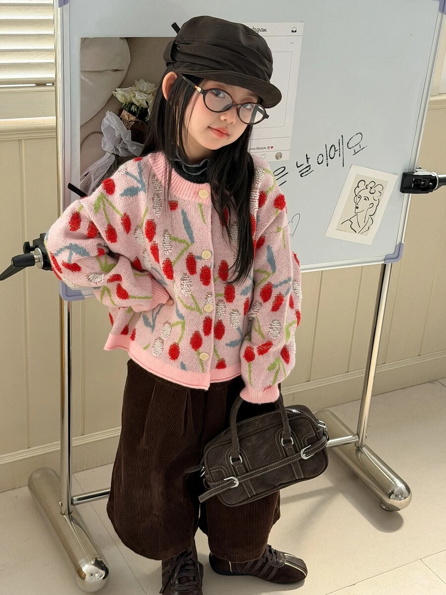 Dazy Kids 青少年女孩全印花休閒百搭日常穿搭開襟衫 秋季 - 粉色 - 查看 1