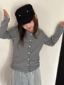 Dazy Kids Tween Girl) Round Neck Polka Dot Cardigan Long Sleeve Autumn Inner Layer Top T-Shirt - Grey - View 5