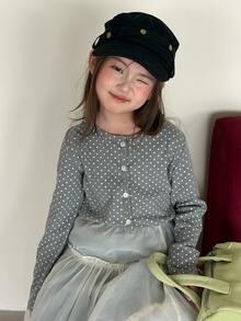 Dazy Kids Tween Girl) Round Neck Polka Dot Cardigan Long Sleeve Autumn Inner Layer Top T-Shirt - Grey - View 4