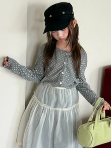 Dazy Kids Tween Girl) Round Neck Polka Dot Cardigan Long Sleeve Autumn Inner Layer Top T-Shirt - Grey - View 3
