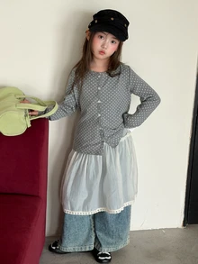 Dazy Kids Tween Girl) Round Neck Polka Dot Cardigan Long Sleeve Autumn Inner Layer Top T-Shirt - Grey - View 1