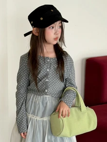 Dazy Kids Tween Girl) Round Neck Polka Dot Cardigan Long Sleeve Autumn Inner Layer Top T-Shirt - Grey - View 6