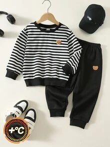 SHEIN 2pcs/Set Young Boy Autumn/Winter Cute Casual Knitted Bear Pattern Sweatshirt And Sweatpants Set, First Day Of School,Kids Wedding Guest - Multicolor - View 4