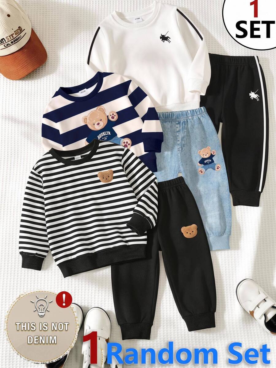 SHEIN 2pcs/Set Young Boy Autumn/Winter Cute Casual Knitted Bear Pattern Sweatshirt And Sweatpants Set, First Day Of School,Kids Wedding Guest - Multicolor - View 1