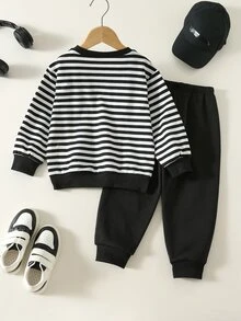 SHEIN 2pcs/Set Young Boy Autumn/Winter Cute Casual Knitted Bear Pattern Sweatshirt And Sweatpants Set, First Day Of School,Kids Wedding Guest - Multicolor - View 2