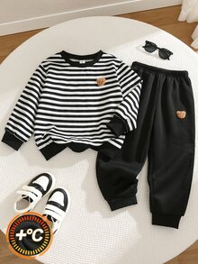 SHEIN 2pcs/Set Young Boy Autumn/Winter Cute Casual Knitted Bear Pattern Sweatshirt And Sweatpants Set, First Day Of School,Kids Wedding Guest - Multicolor - View 3