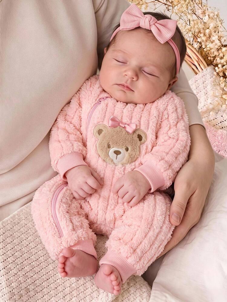 SHEIN Newborn Baby Cartoon Bear Design Plush Autumn Winter Romper - Pink - View 2