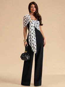 SHEIN BAE Autumn/Winter Solid Color Black And White Color-Blocked Polka Dot Asymmetrical Polka Dot Ribbon Jumpsuit For Women, Perfect For Christmas And Halloween. - Black and White - View 1