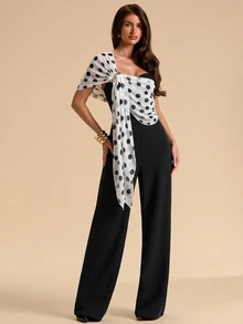 SHEIN BAE Autumn/Winter Solid Color Black And White Color-Blocked Polka Dot Asymmetrical Polka Dot Ribbon Jumpsuit For Women, Perfect For Christmas And Halloween. - Black and White - View 5