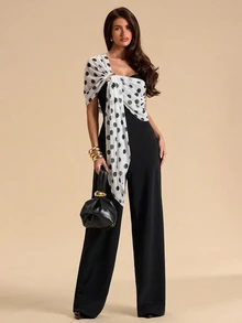 SHEIN BAE Autumn/Winter Solid Color Black And White Color-Blocked Polka Dot Asymmetrical Polka Dot Ribbon Jumpsuit For Women, Perfect For Christmas And Halloween. - Black and White - View 6
