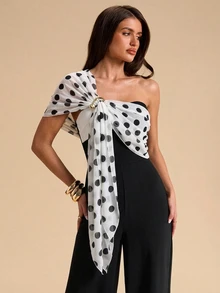 SHEIN BAE Autumn/Winter Solid Color Black And White Color-Blocked Polka Dot Asymmetrical Polka Dot Ribbon Jumpsuit For Women, Perfect For Christmas And Halloween. - Black and White - View 4