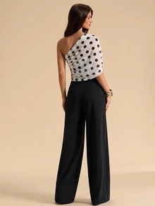 SHEIN BAE Autumn/Winter Solid Color Black And White Color-Blocked Polka Dot Asymmetrical Polka Dot Ribbon Jumpsuit For Women, Perfect For Christmas And Halloween. - Black and White - View 2