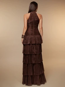 Silquee Women's Autumn/Winter Brown Shimmer-Finish Dress: Elegant French-Style Romantic Design Featuring Multi-Layer Ruffles, Shirring, And An Open Back. - Brown - View 5