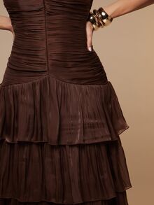 Silquee Women's Autumn/Winter Brown Shimmer-Finish Dress: Elegant French-Style Romantic Design Featuring Multi-Layer Ruffles, Shirring, And An Open Back. - Brown - View 10