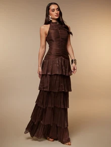 Silquee Women's Autumn/Winter Brown Shimmer-Finish Dress: Elegant French-Style Romantic Design Featuring Multi-Layer Ruffles, Shirring, And An Open Back. - Brown - View 9