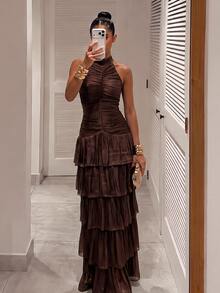 Silquee Women's Autumn/Winter Brown Shimmer-Finish Dress: Elegant French-Style Romantic Design Featuring Multi-Layer Ruffles, Shirring, And An Open Back. - Brown - View 4