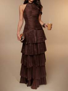 Silquee Women's Autumn/Winter Brown Shimmer-Finish Dress: Elegant French-Style Romantic Design Featuring Multi-Layer Ruffles, Shirring, And An Open Back. - Brown - View 7