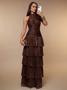 Silquee Women's Autumn/Winter Brown Shimmer-Finish Dress: Elegant French-Style Romantic Design Featuring Multi-Layer Ruffles, Shirring, And An Open Back. - Brown - View 6