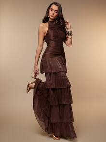 Silquee Women's Autumn/Winter Brown Shimmer-Finish Dress: Elegant French-Style Romantic Design Featuring Multi-Layer Ruffles, Shirring, And An Open Back. - Brown - View 2