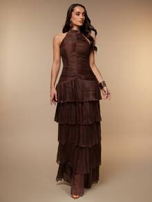 Silquee Women's Autumn/Winter Brown Shimmer-Finish Dress: Elegant French-Style Romantic Design Featuring Multi-Layer Ruffles, Shirring, And An Open Back. - Brown - View 8