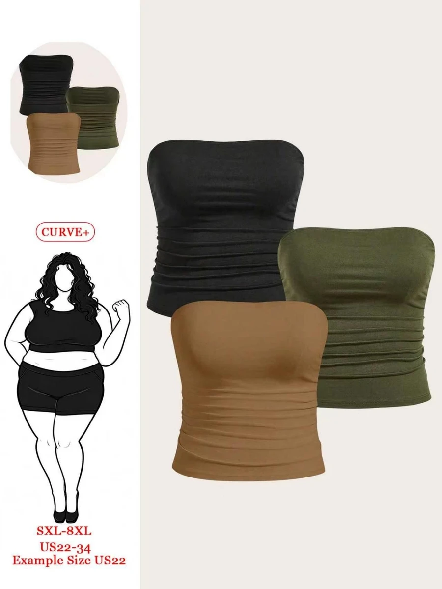 SHEIN CURVE+ Plus Size Women 3 Pieces Basic Tube Top Set Strapless Multipack Ruched With Padding Dates Going Out Office Black Olive Green Brown Summer Sexy Casual - Multicolor - View 1