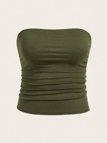 SHEIN CURVE+ Plus Size Women 3 Pieces Basic Tube Top Set Strapless Multipack Ruched With Padding Dates Going Out Office Black Olive Green Brown Summer Sexy Casual - Multicolor - View 5