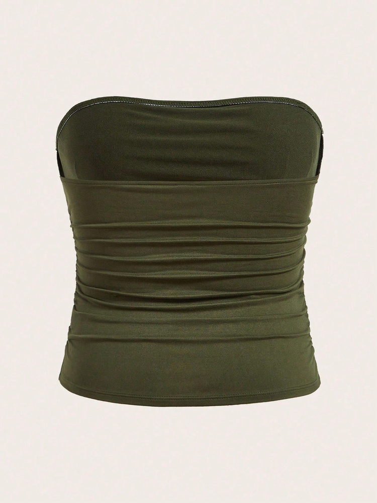 SHEIN CURVE+ Plus Size Women 3 Pieces Basic Tube Top Set Strapless Multipack Ruched With Padding Dates Going Out Office Black Olive Green Brown Summer Sexy Casual - Multicolor - View 4