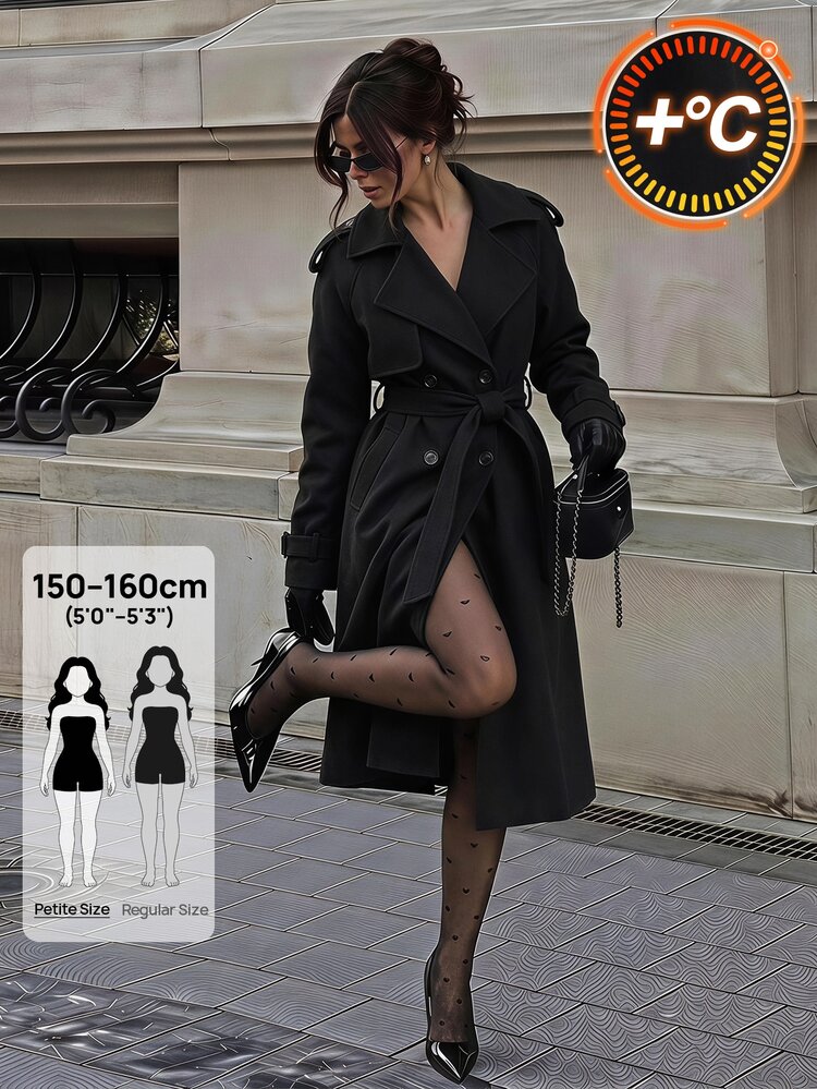 SHEIN PETITE 1pc Women's Solid Color Long Sleeve Button-Up Collar Casual Jacket, Autumn/Winter Daily Wear - Black - View 5
