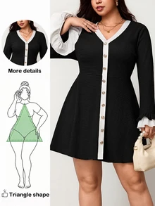Truni Plus-Size Elegant French Black And White Dress, Party Dress Pear Body,Triangle Body Fall - Black and White - View 3