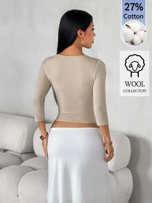 SHEIN PETITE Women's Petite Slim-Fit Stretchy Top With Crossover V-Neck And 3/4 Sleeves - Khaki - View 2